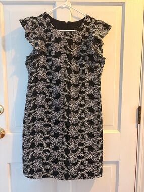 Ann Taylor Black Dress with Embroidered White Floral Lace Overlay